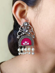 Hand-Painted Pearl Earrings Oxidised | Dynamic Jewelove