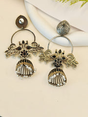 Elegant Dual-Tone Oxidised Jhumka with Pearls & Floral Design | Dynamic Jewelove