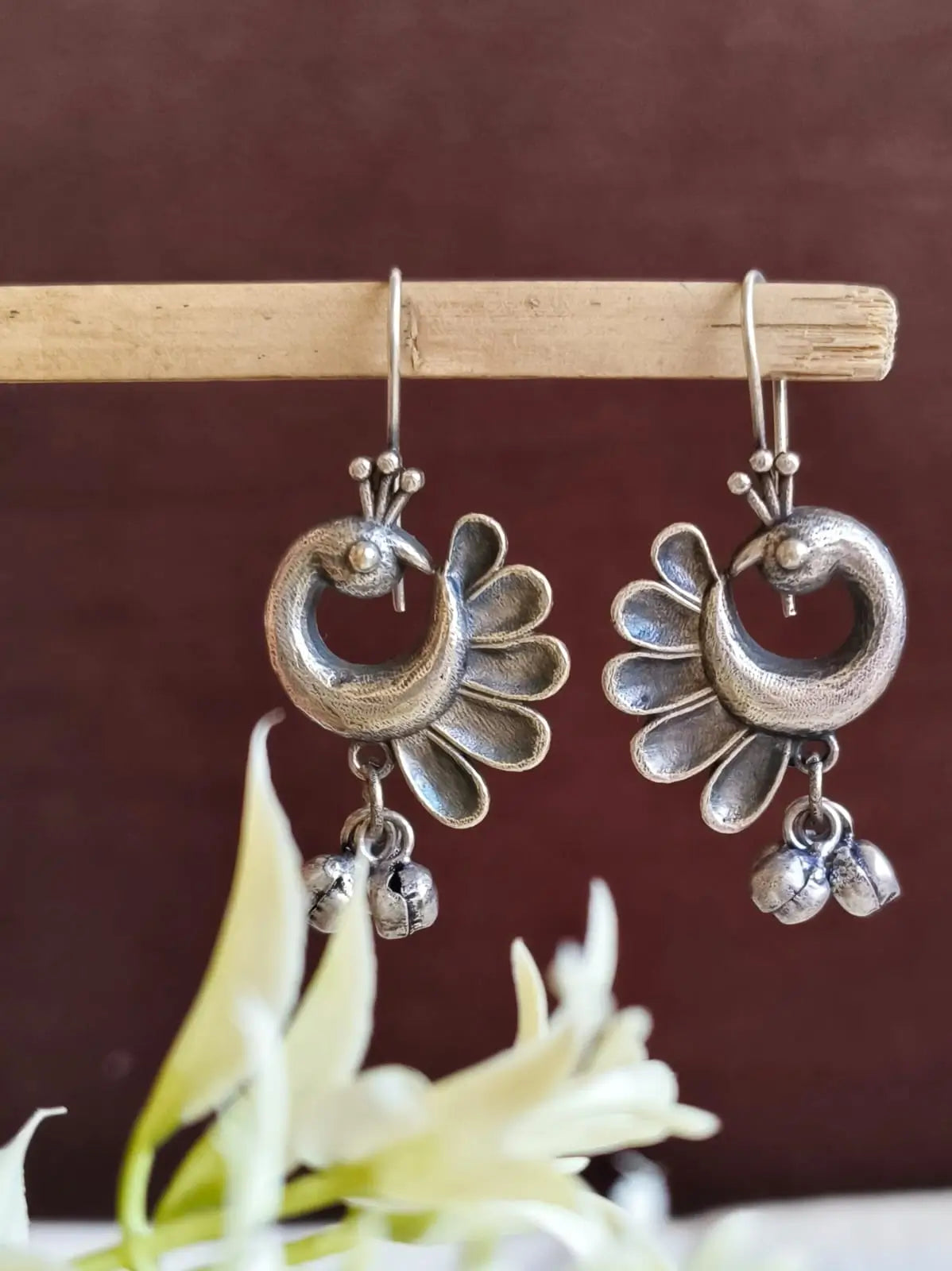 Oxidized Peacock Hook Earrings with Ghungroo Detailing | Dynamic Jewelove